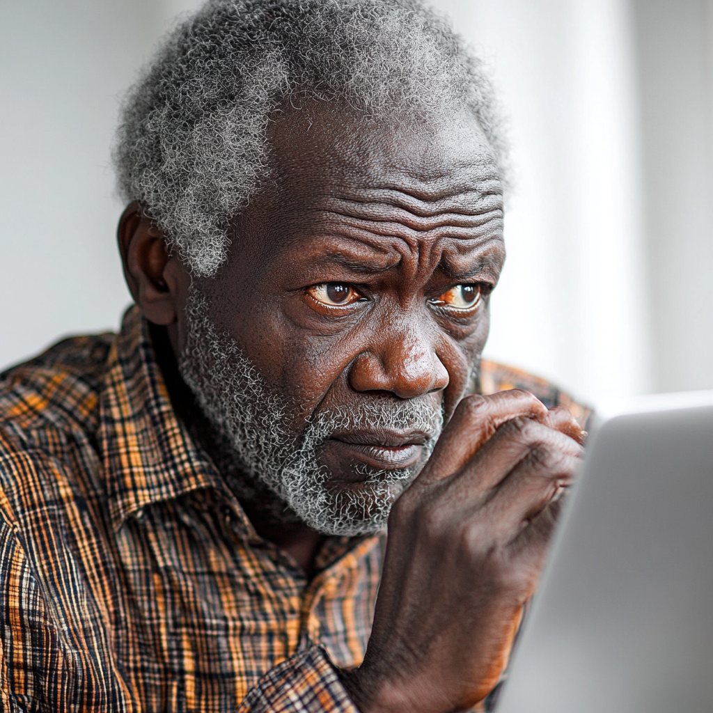 A Worried Old Man Looking at Laptop