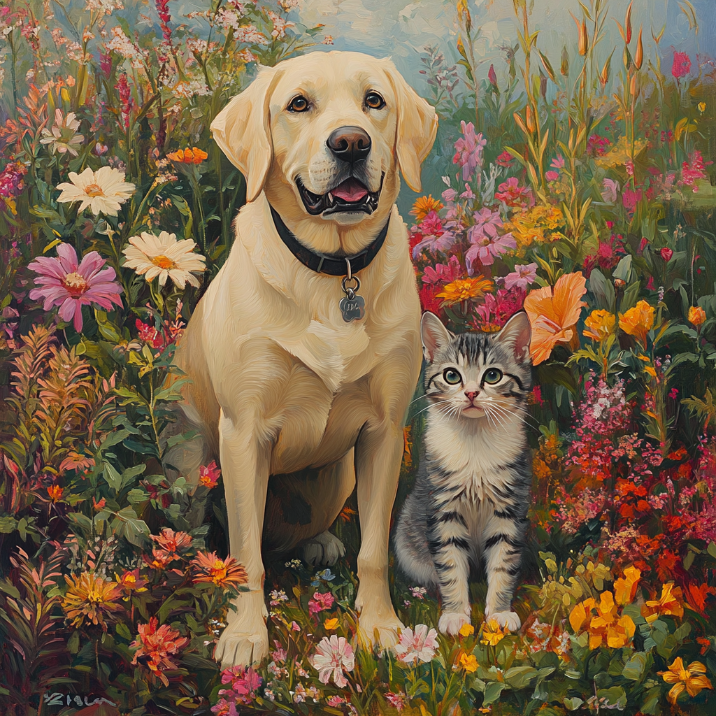 A Yellow Labrador and Tabby Cat in Garden