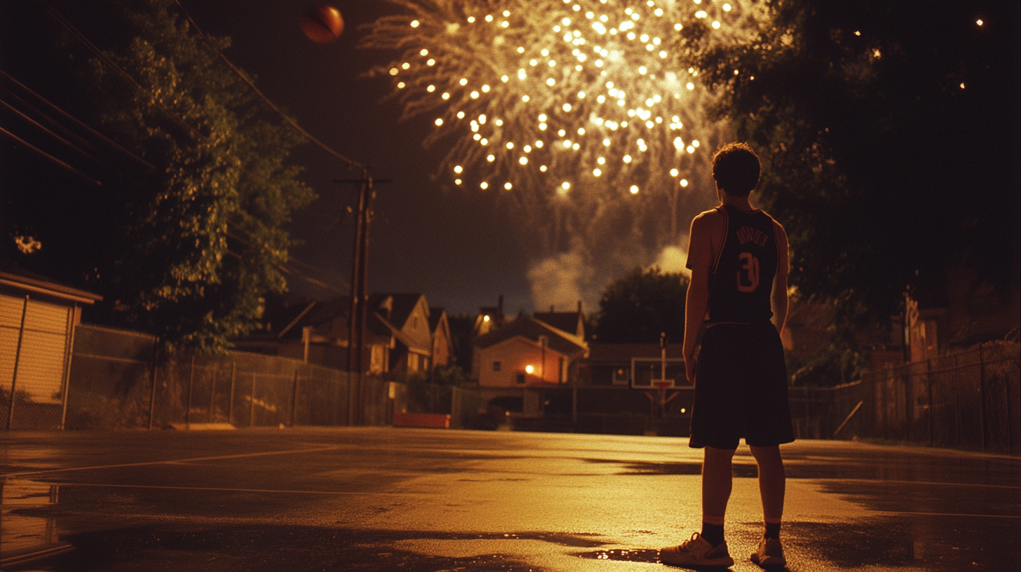 A Young Basketball Player Celebrates Victory at Night