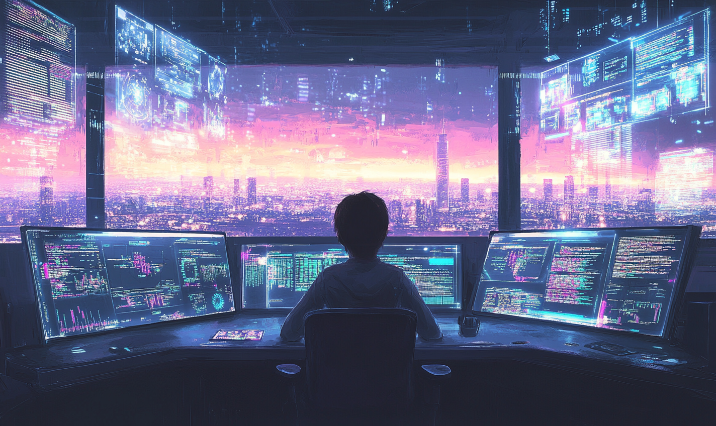 A Young Coder Surrounded by Holographic Screens