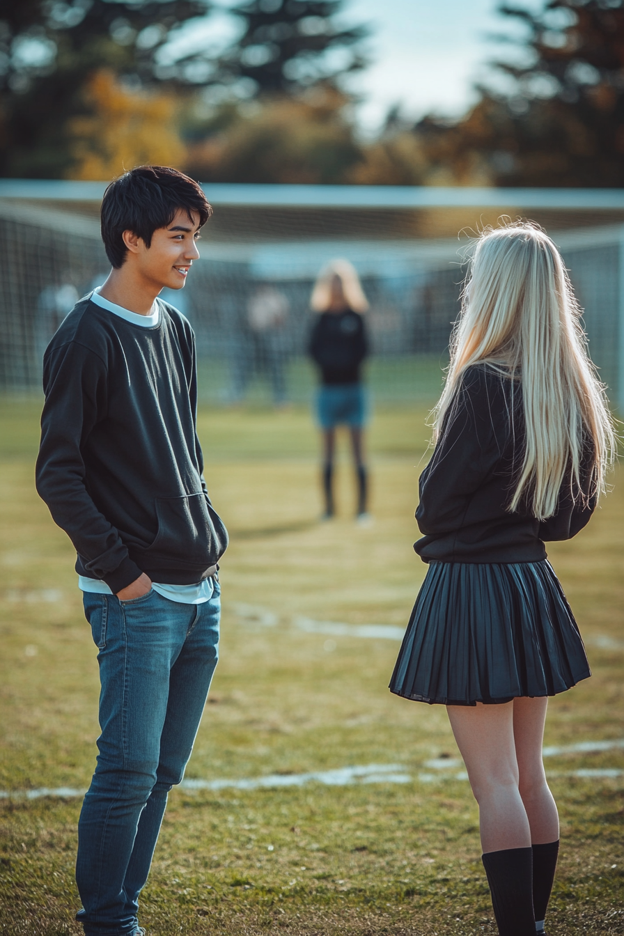 A Young Couple Meeting on Soccer Field