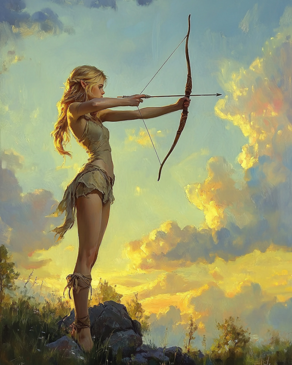 A Young Elven Girl Shooting Bow at Sunrise