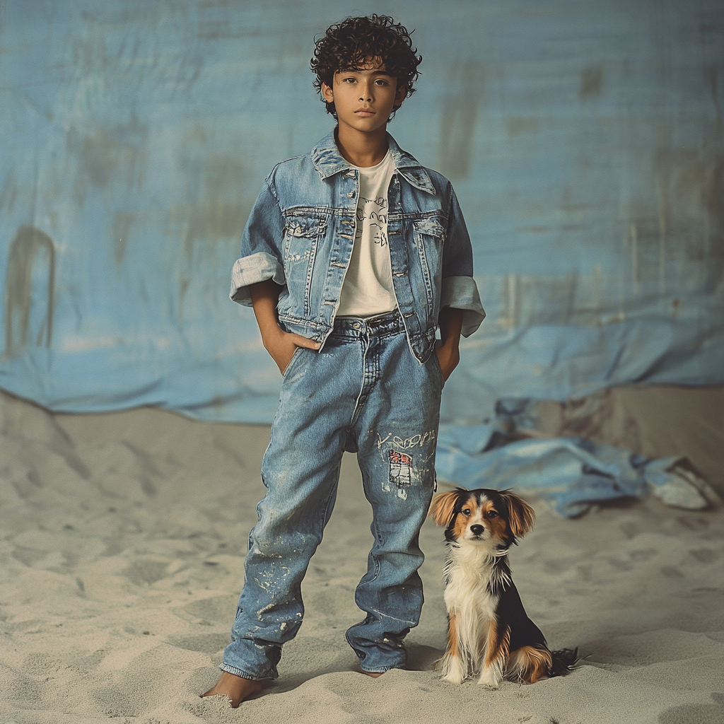 A Young Filipino-American Boy in Retro Denim Pose