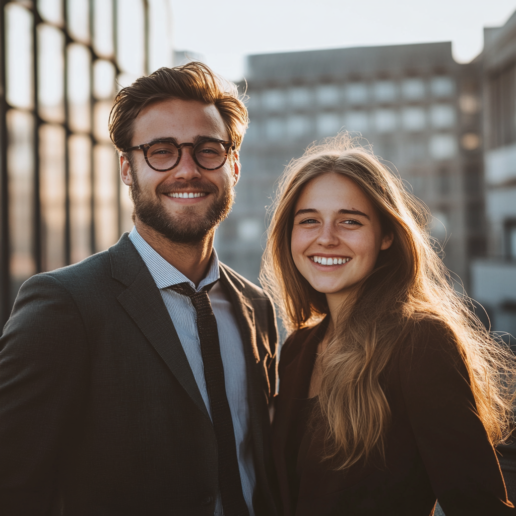 A Young Finance Professionals Smiling on Rooftop