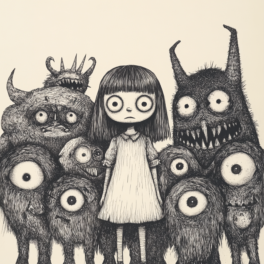 A Young Girl Among Surreal Monsters