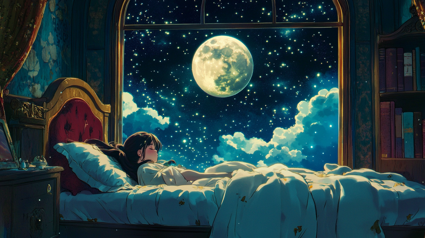 A Young Girl Dreaming Under Starry Night Sky