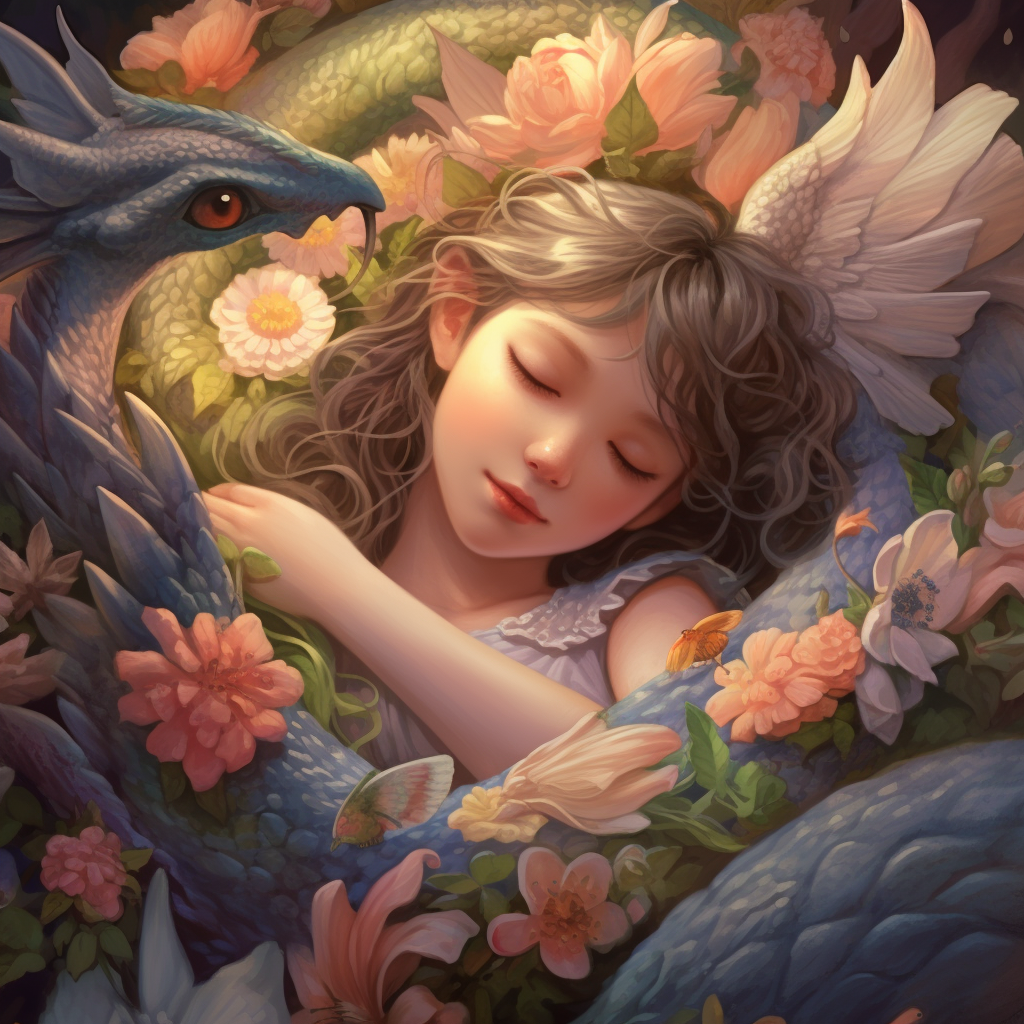 A Young Girl Sleeping With Gentle Dragon