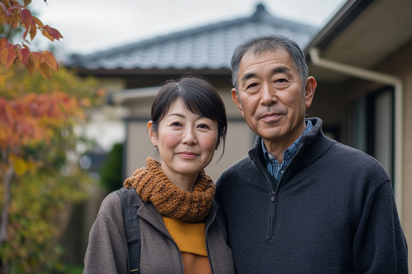 A Young Japanese Couple Standing in Front of Home