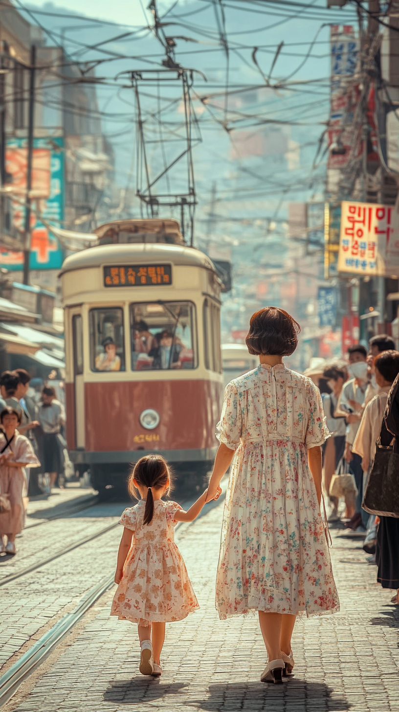 A Young Korean Girl and Her Mother in 1950s Busan