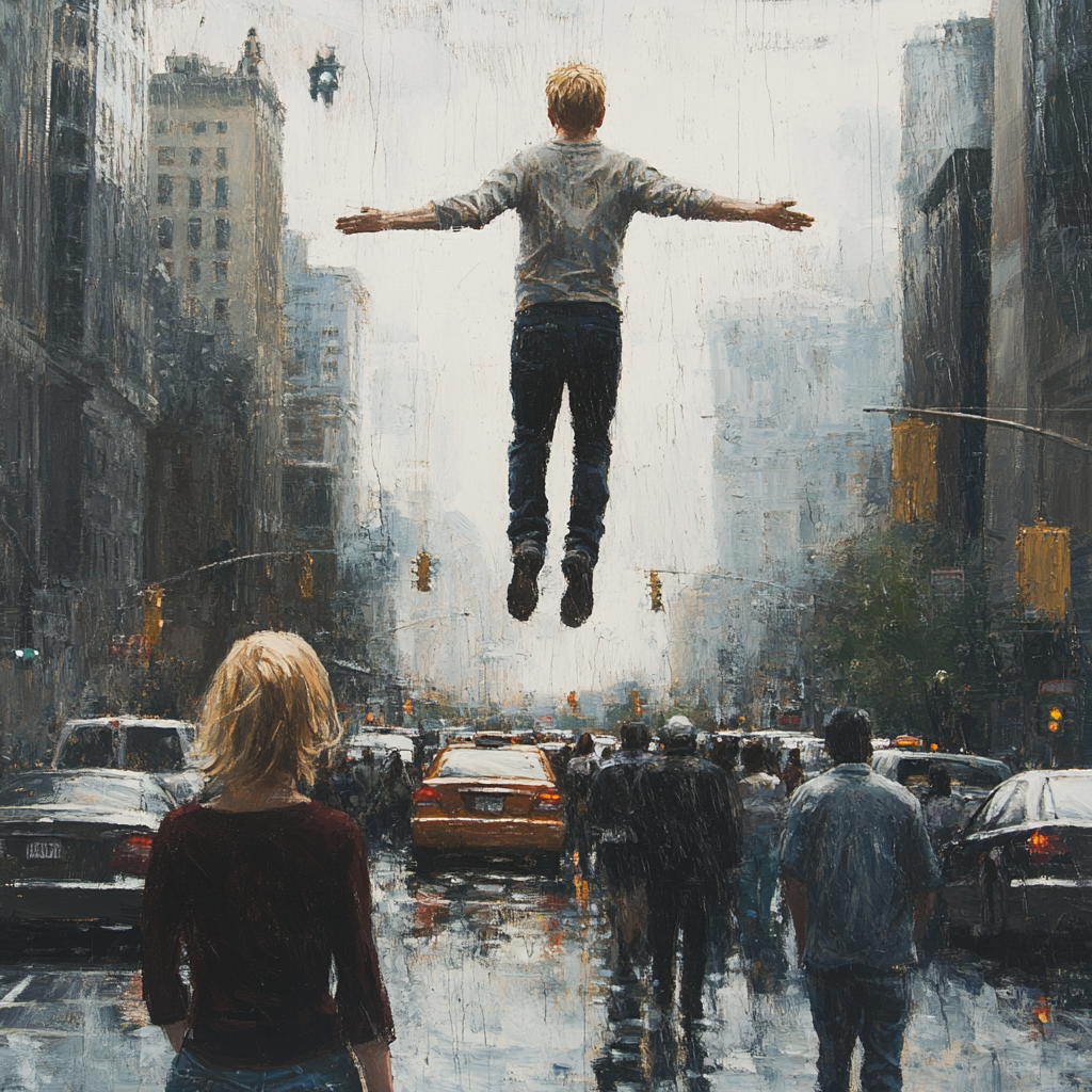 A Young Man Floats Above Crowded Rainy Street