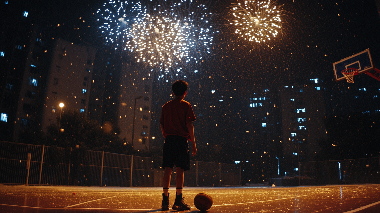 A Young Man Playing Basketball Amidst Fireworks, Rain and Snow