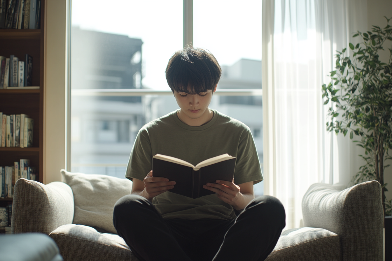 A Young Man Reading in Cozy Living Room