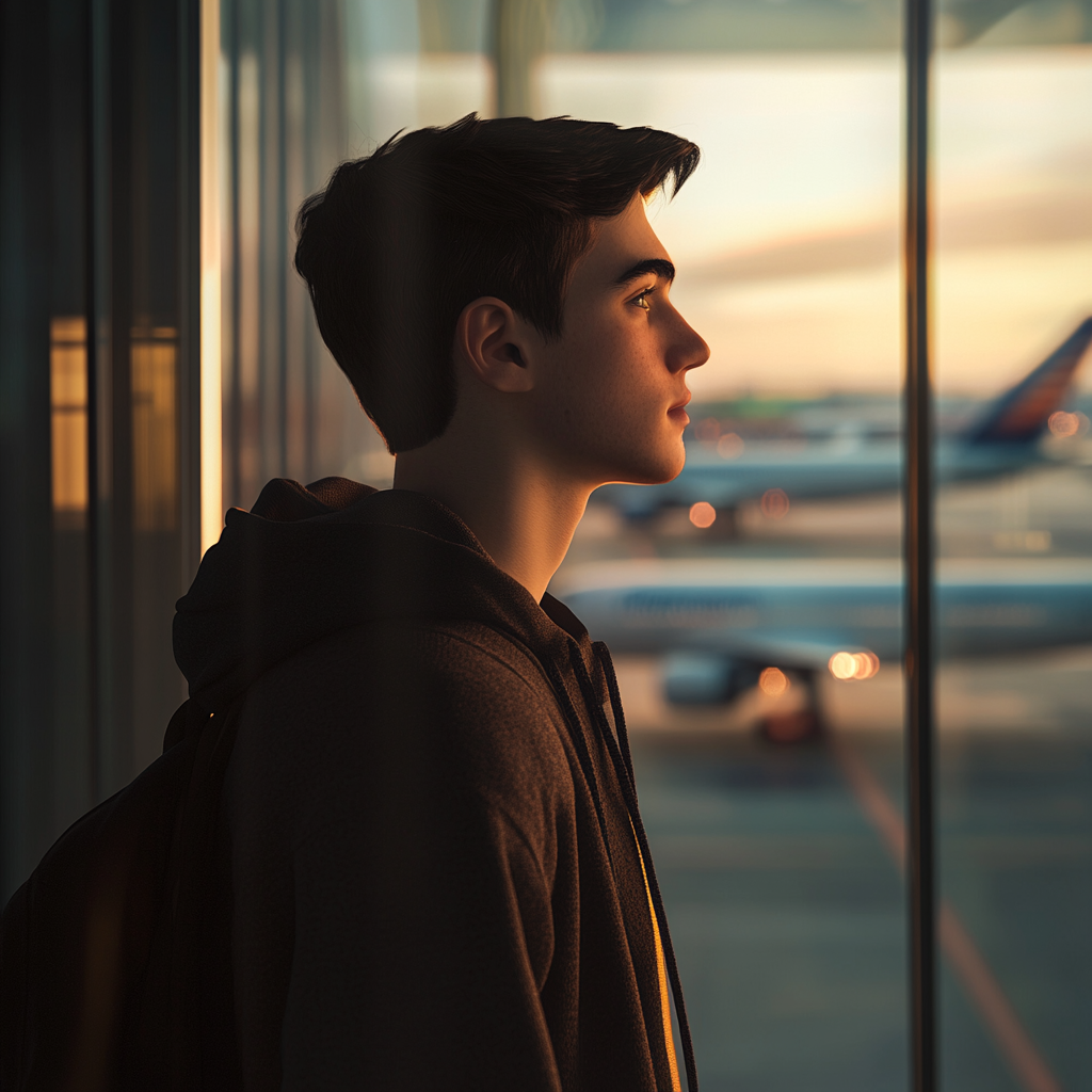 A Young Man Watching Planes at the Window