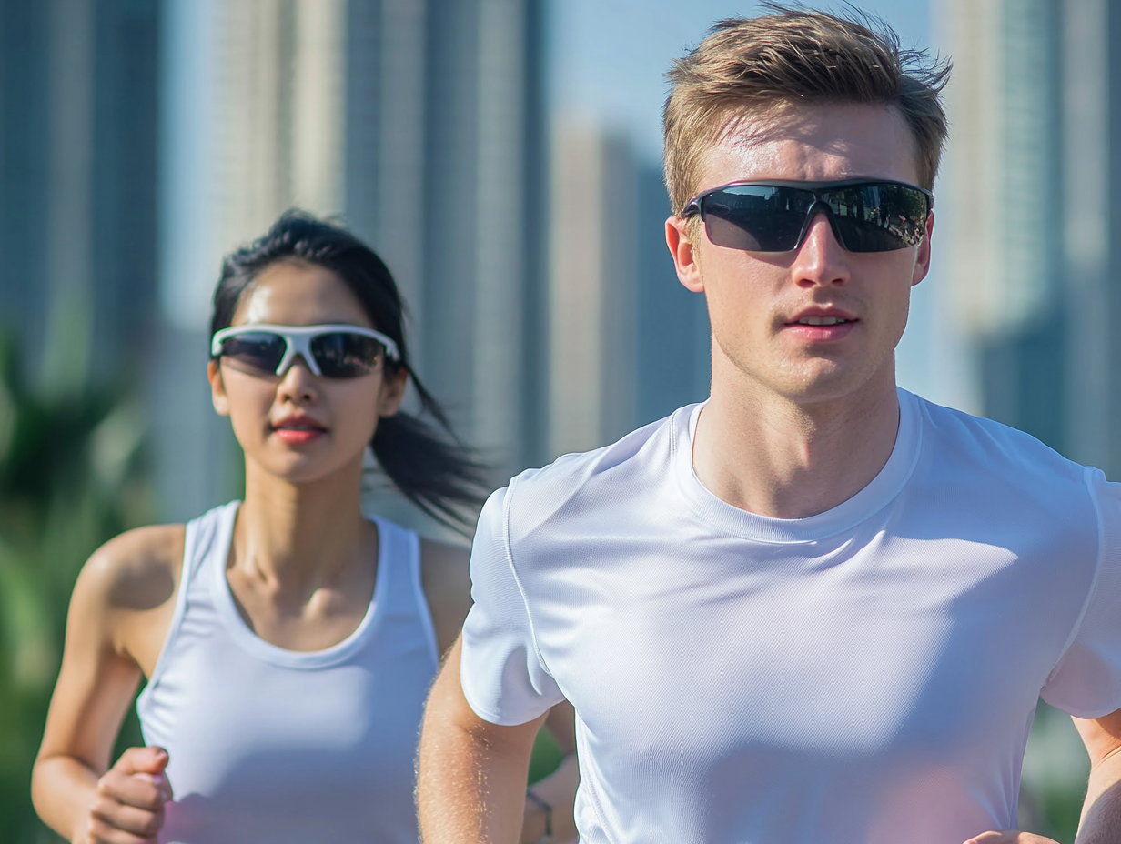 A Young Man and Woman Jogging in City