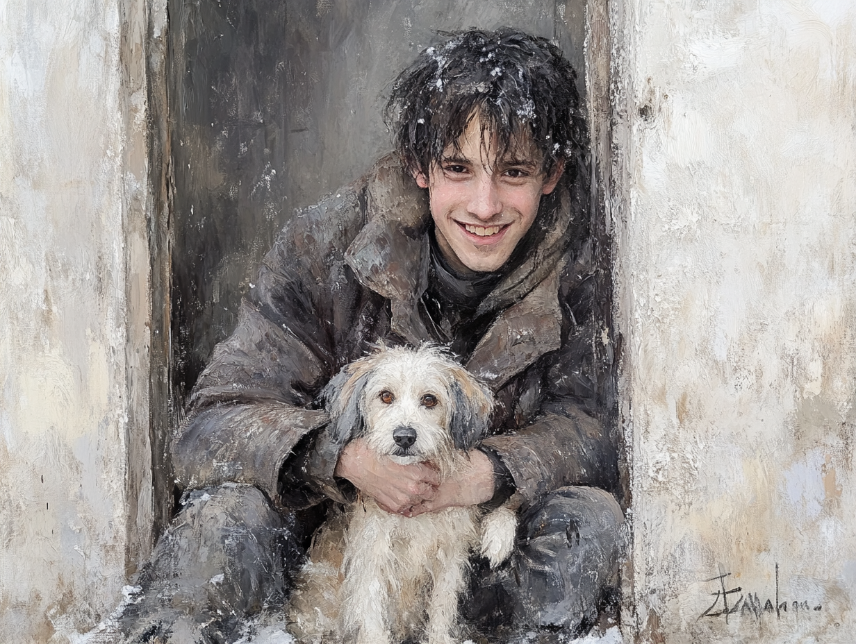 A Young Man and his Dog in Snow