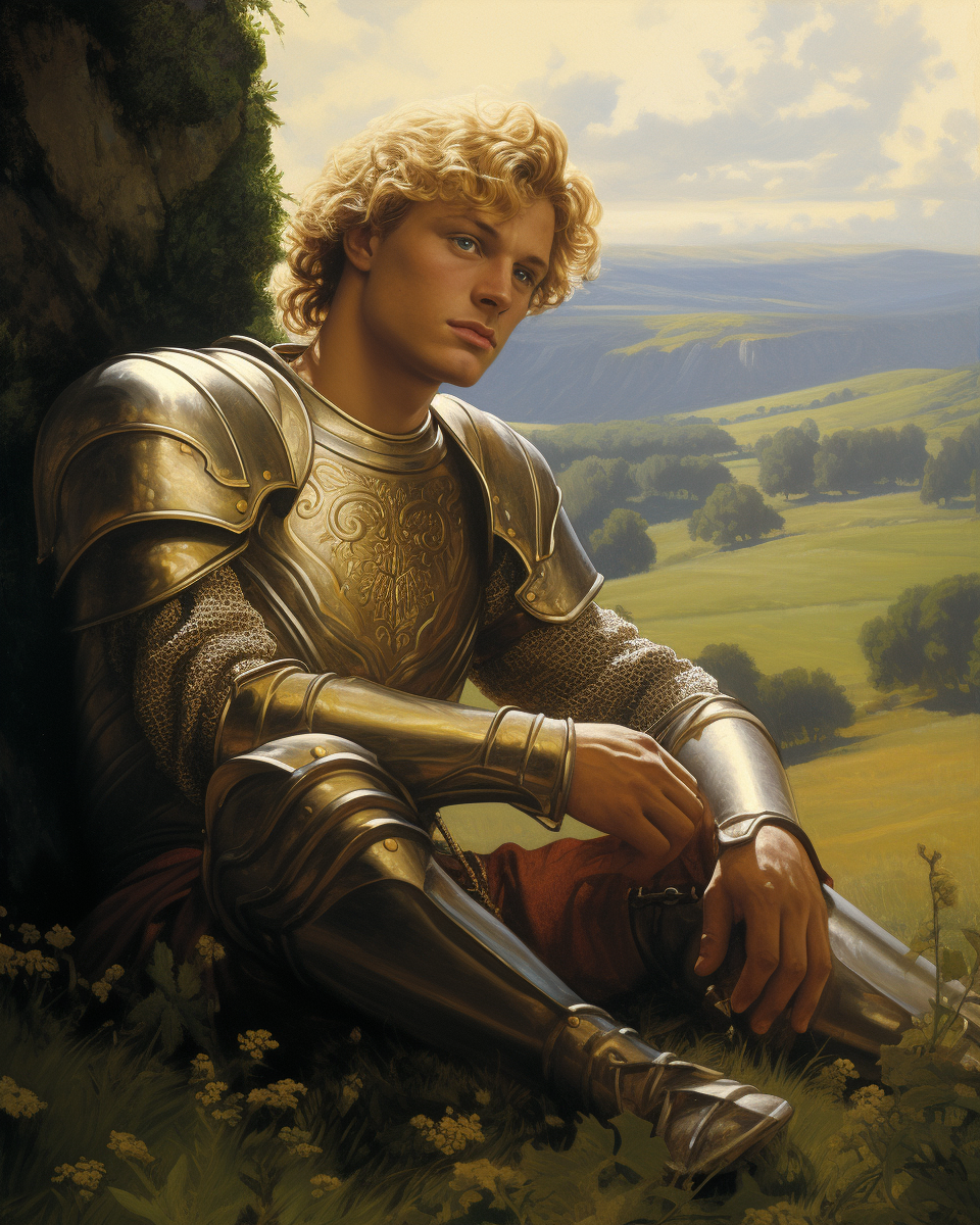 A Young Man in Armor in Field with Castle