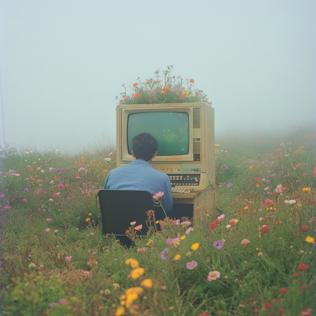 A Young Man with Flowers in Vintage Computer