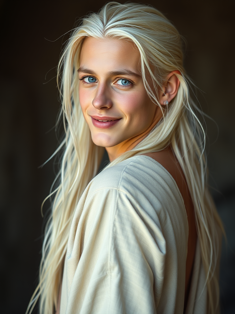 A Young Man with Piercing Blue Eyes in Ethereal White