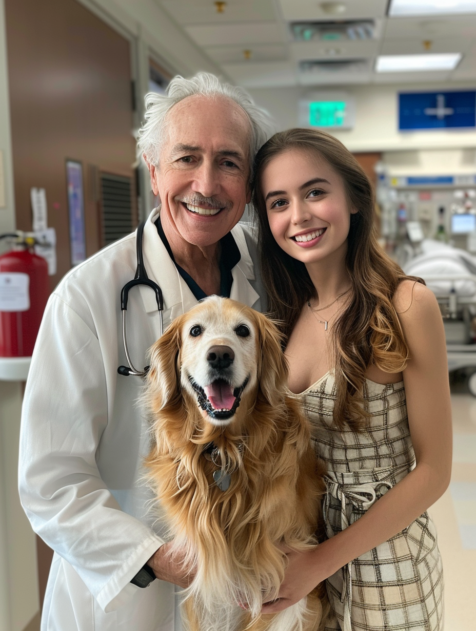 A Young Model, Doctor Dad and Dog in Hospital