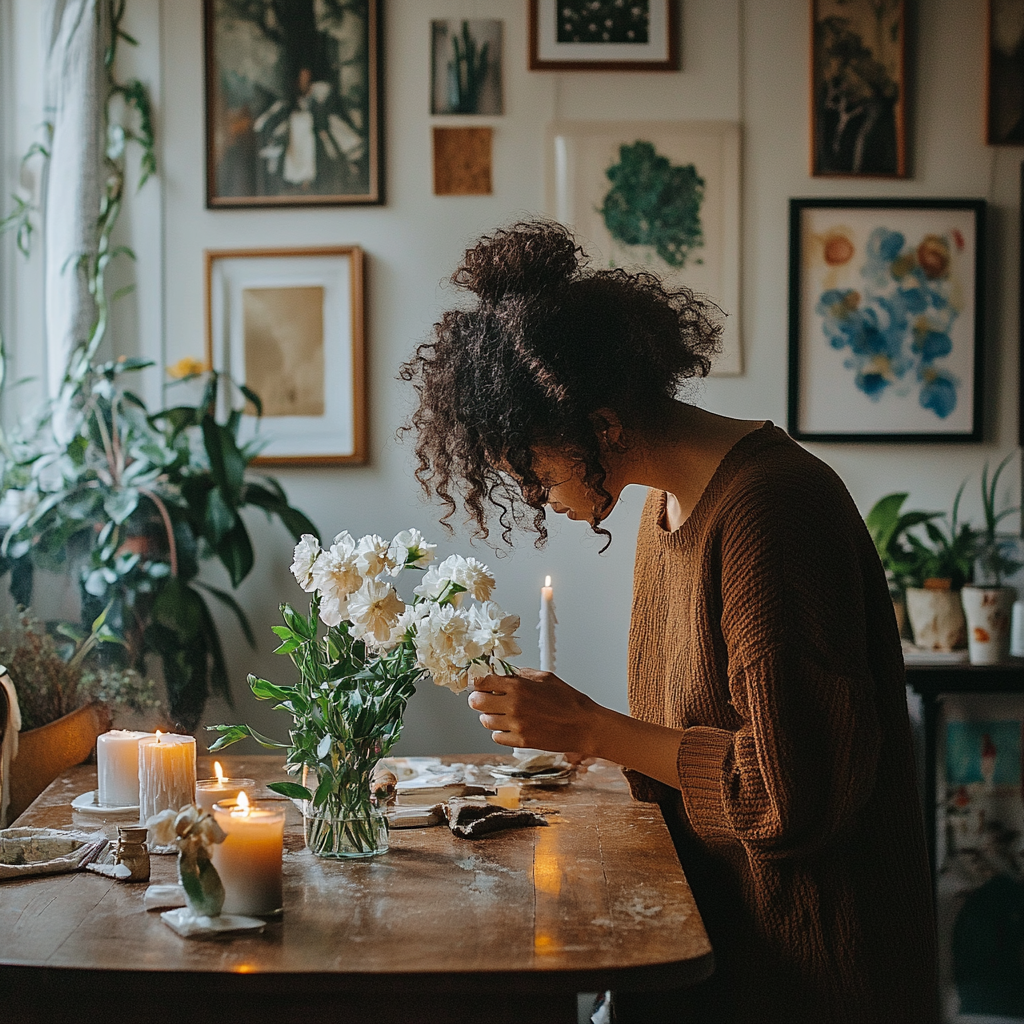 A Young Mother Smelling Winter Flower and Lighting Candles