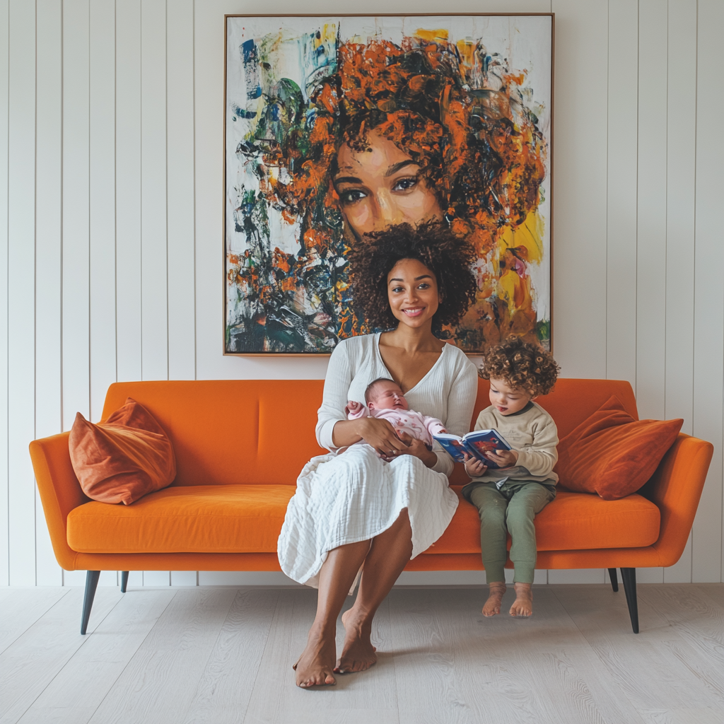 A Young Mother with Children in Living Room