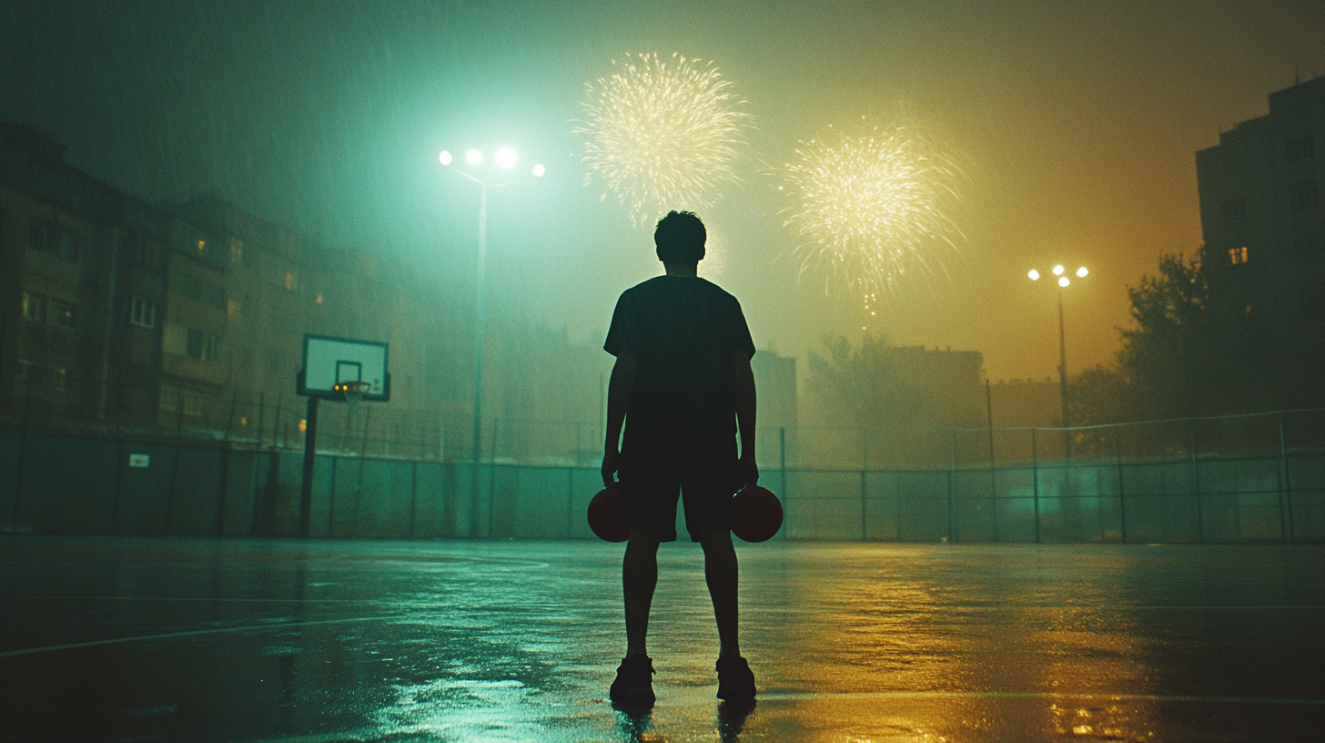 A Young Player's Solo Basketball Game at Night