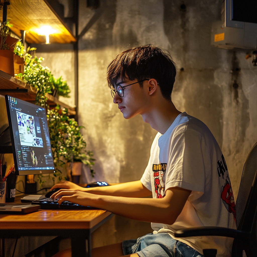 A Young Taiwanese Man Working at Desk