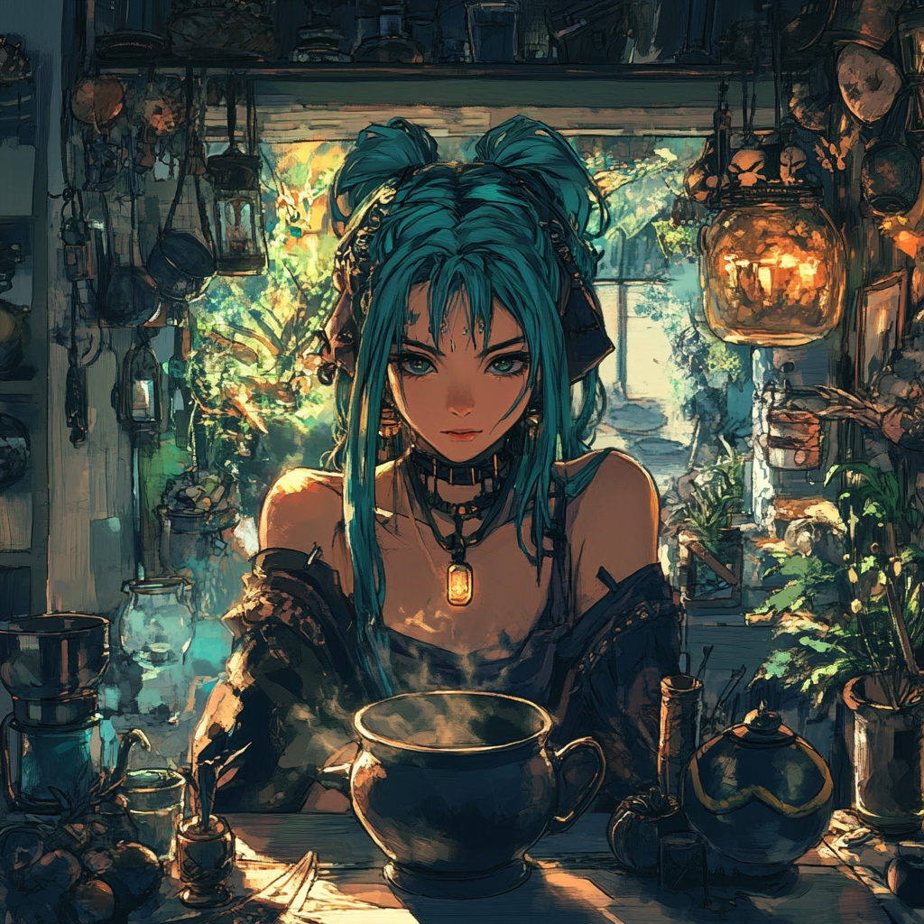 A Young Witch Brews Potion in Cottage.