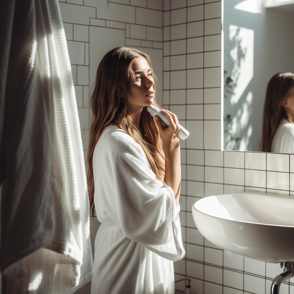 A Young Woman Dries Hair in Bright Bathroom