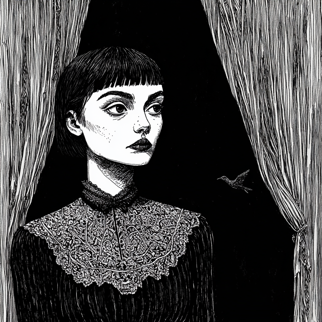 A Young Woman Reimagined in Edward Gorey Style