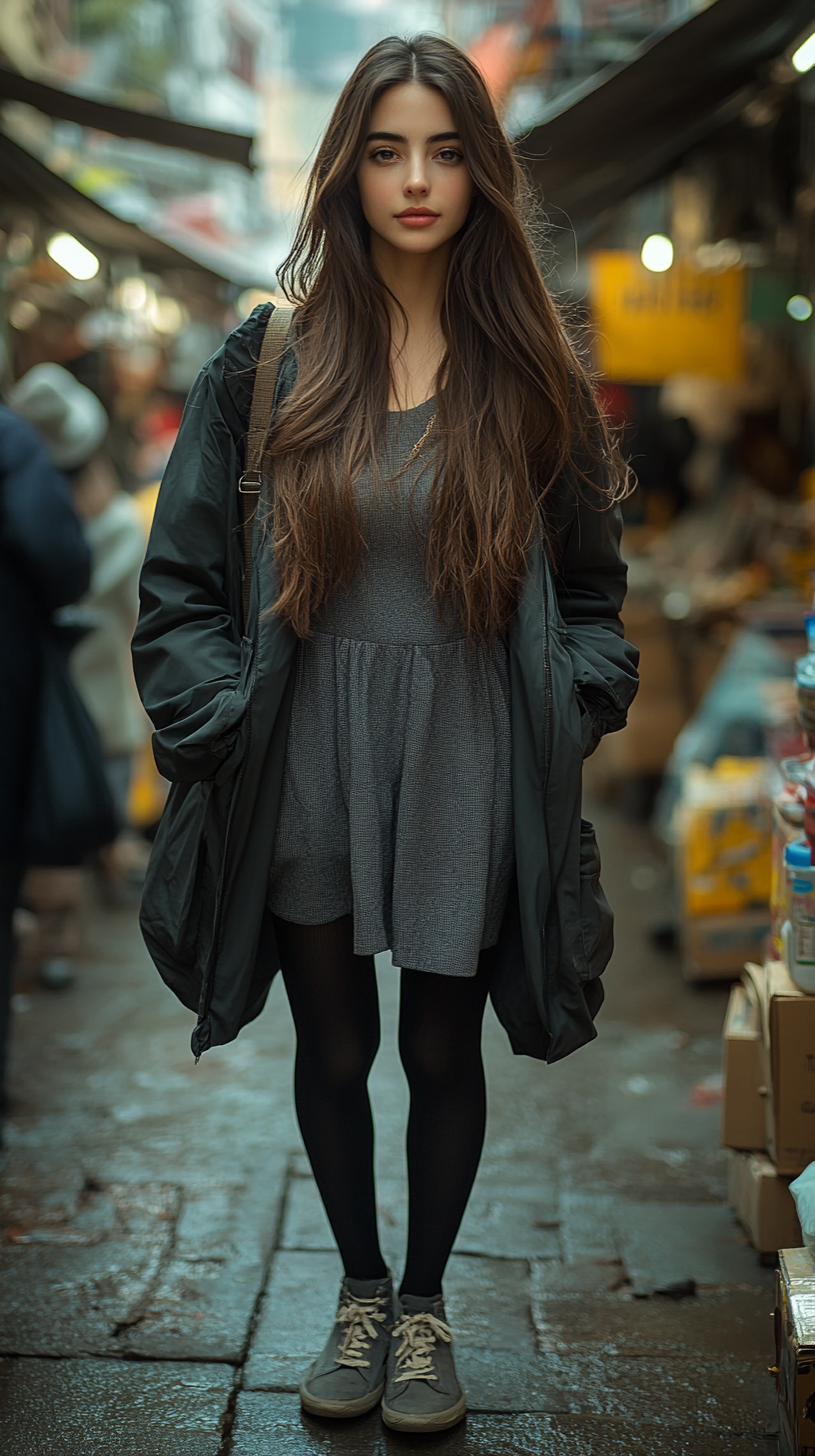 A Young Woman Walking in a Busy Market