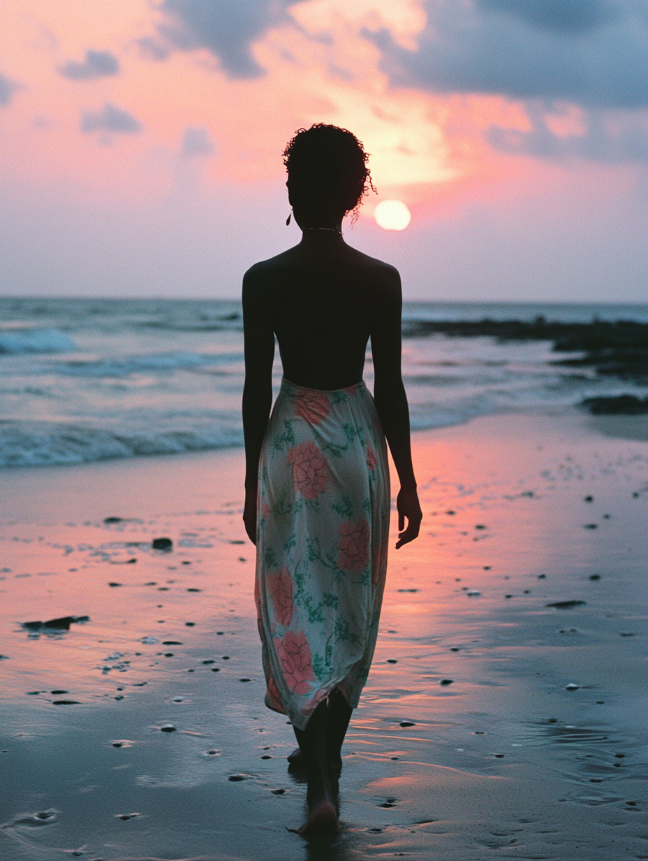 A Young Woman Walks Alone on Sunset Beach