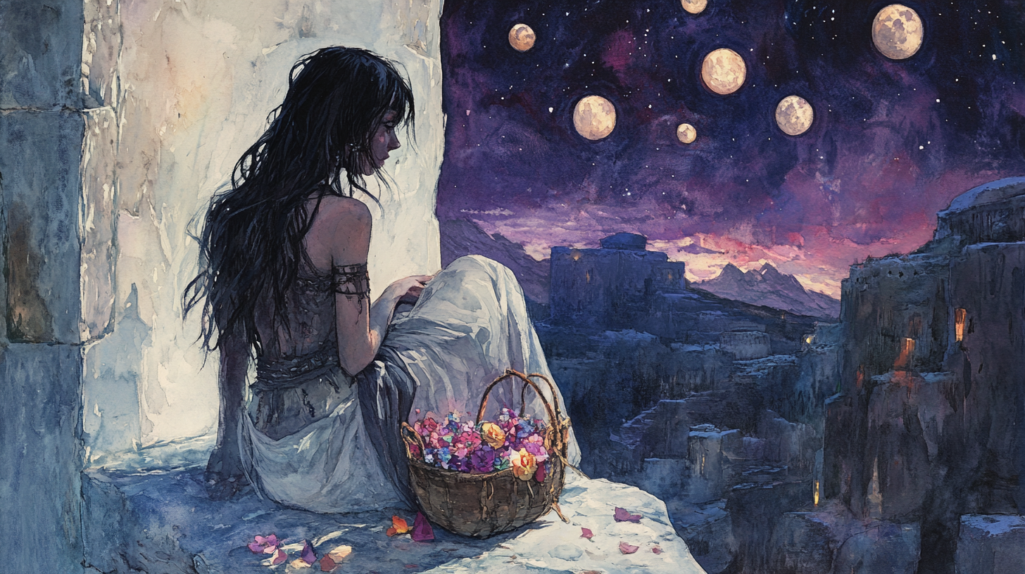 A Young Woman with Flower Petals Under 10 Moons