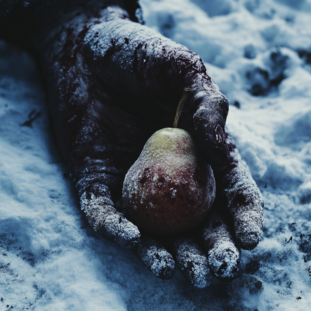 A Zombie Hand Holds Rotten Pear in Snow.