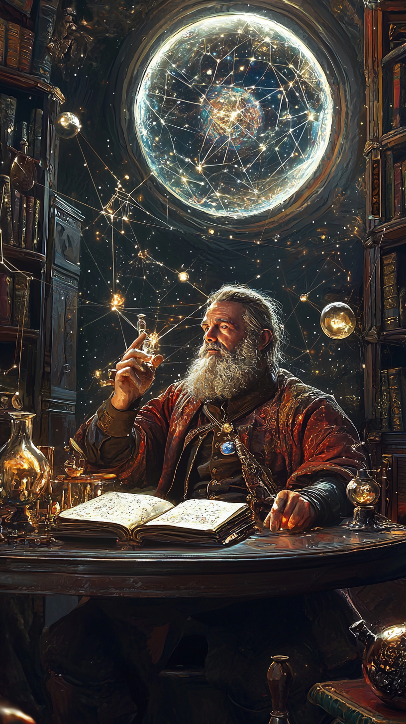 A alchemist with long beard in magical workshop.