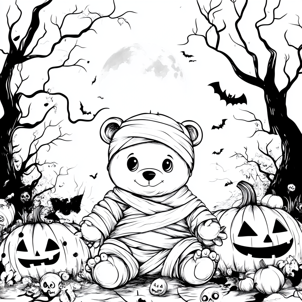 A baby bear with Halloween elements for coloring book.