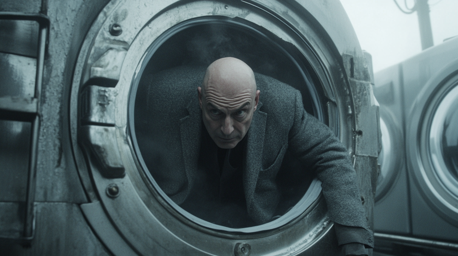 A bald man crawls into a washing machine.