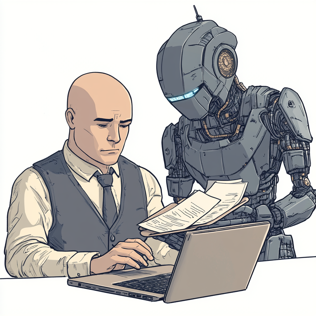 A bald man figures out robots' papers.