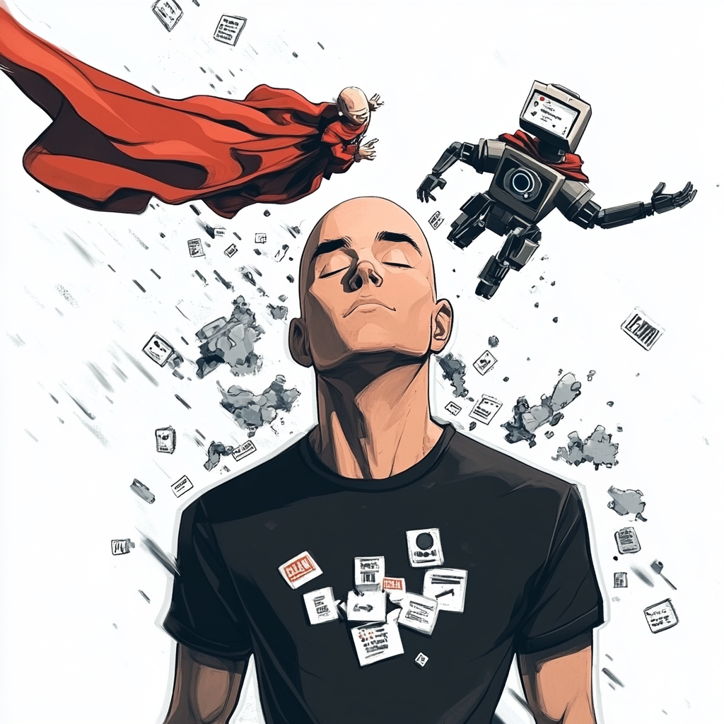 A bald man in black shirt surrounded by error messages, cheered by flying robot with red cape holding empty sign, in cartoon style.