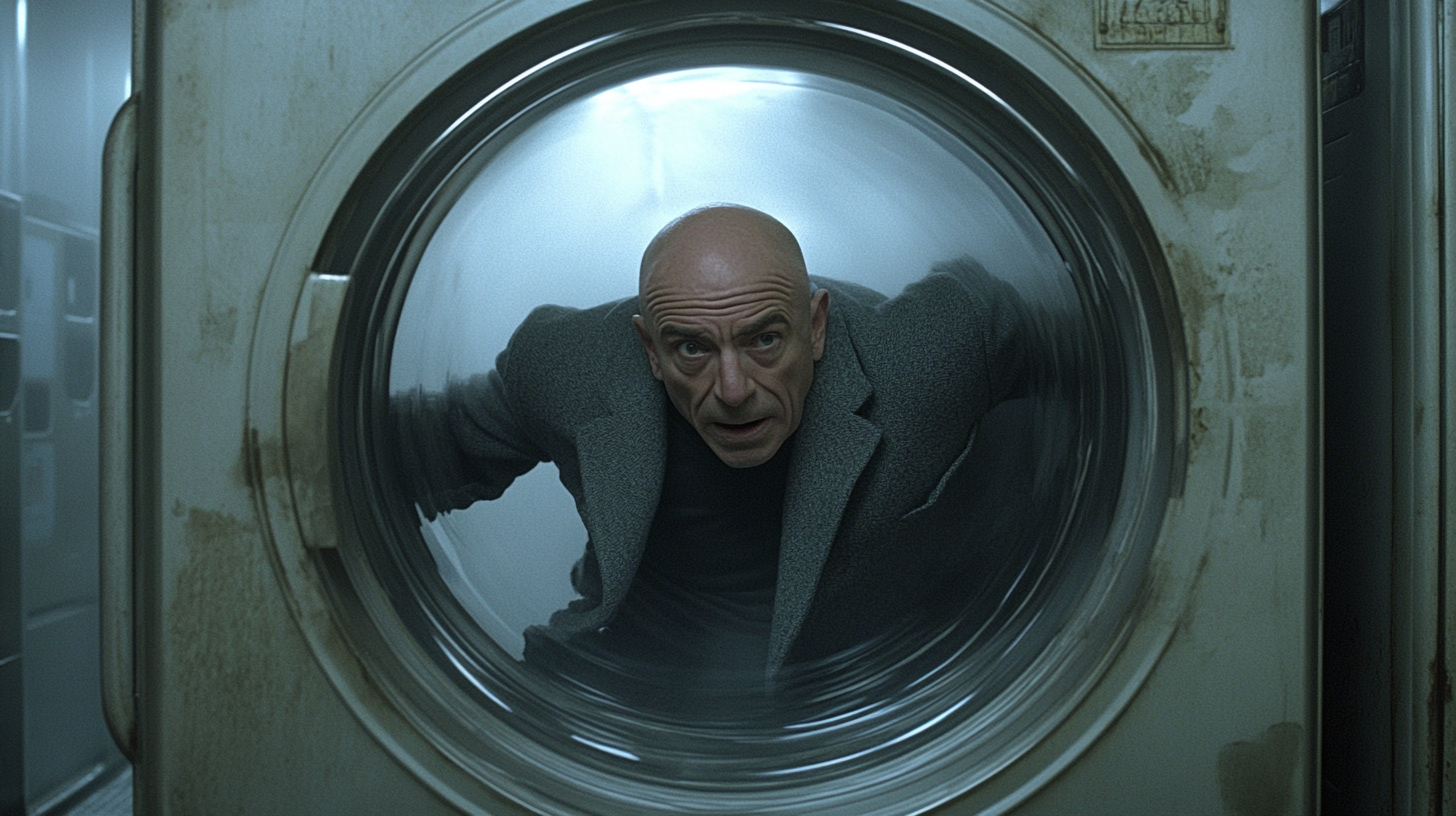 A bald man in coat trapped in washer.