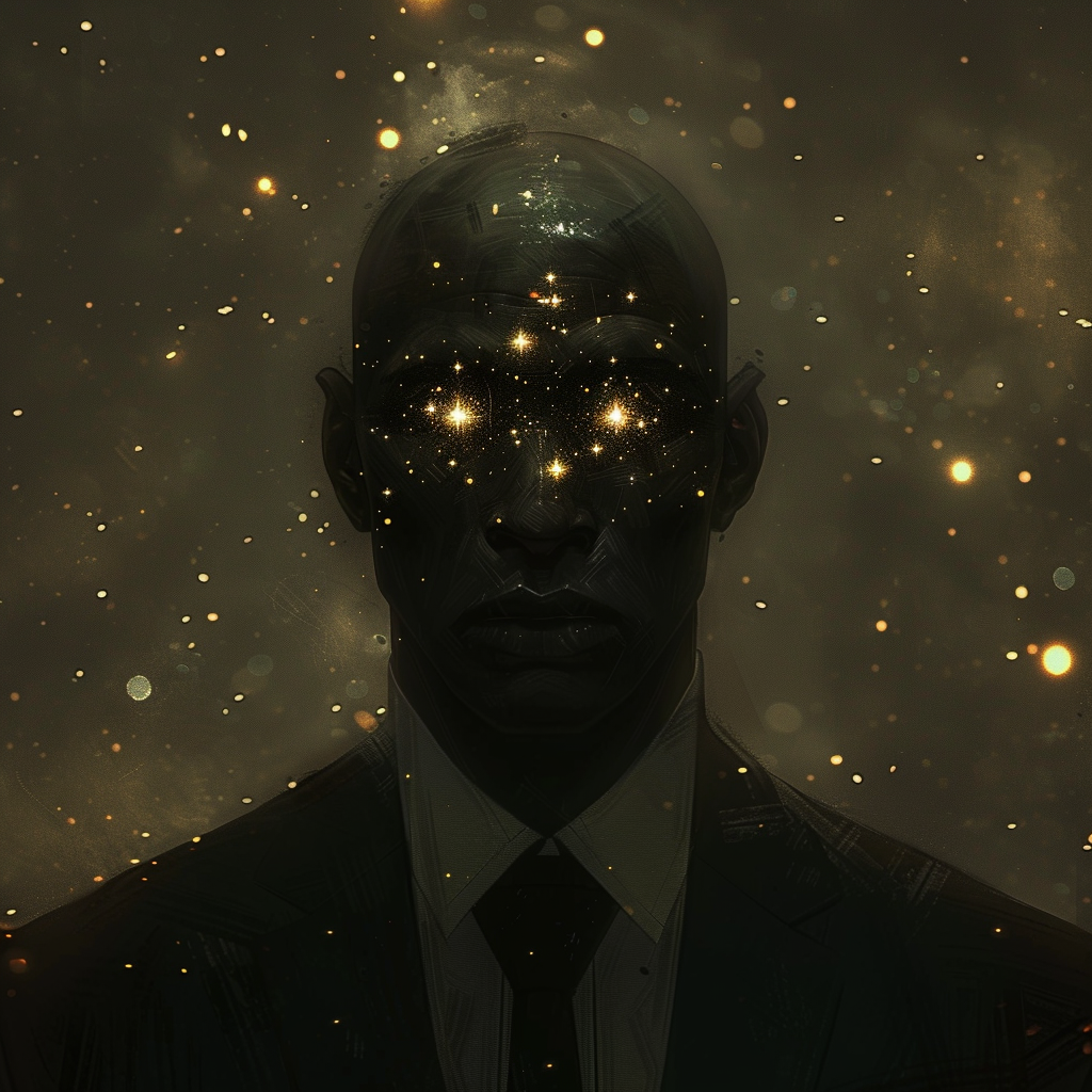 A bald man with starry eyes in black suit.