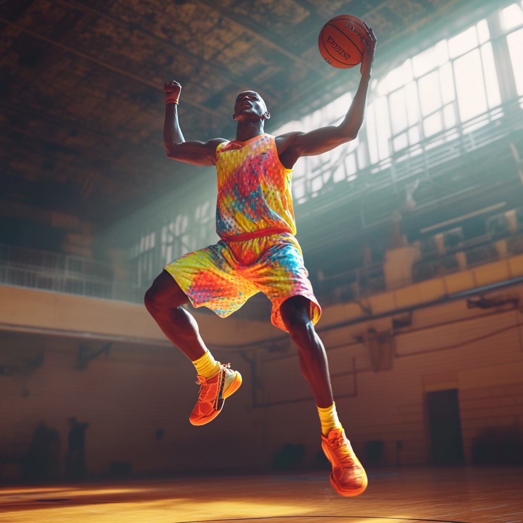 A basketball player jumps for a colorful shot