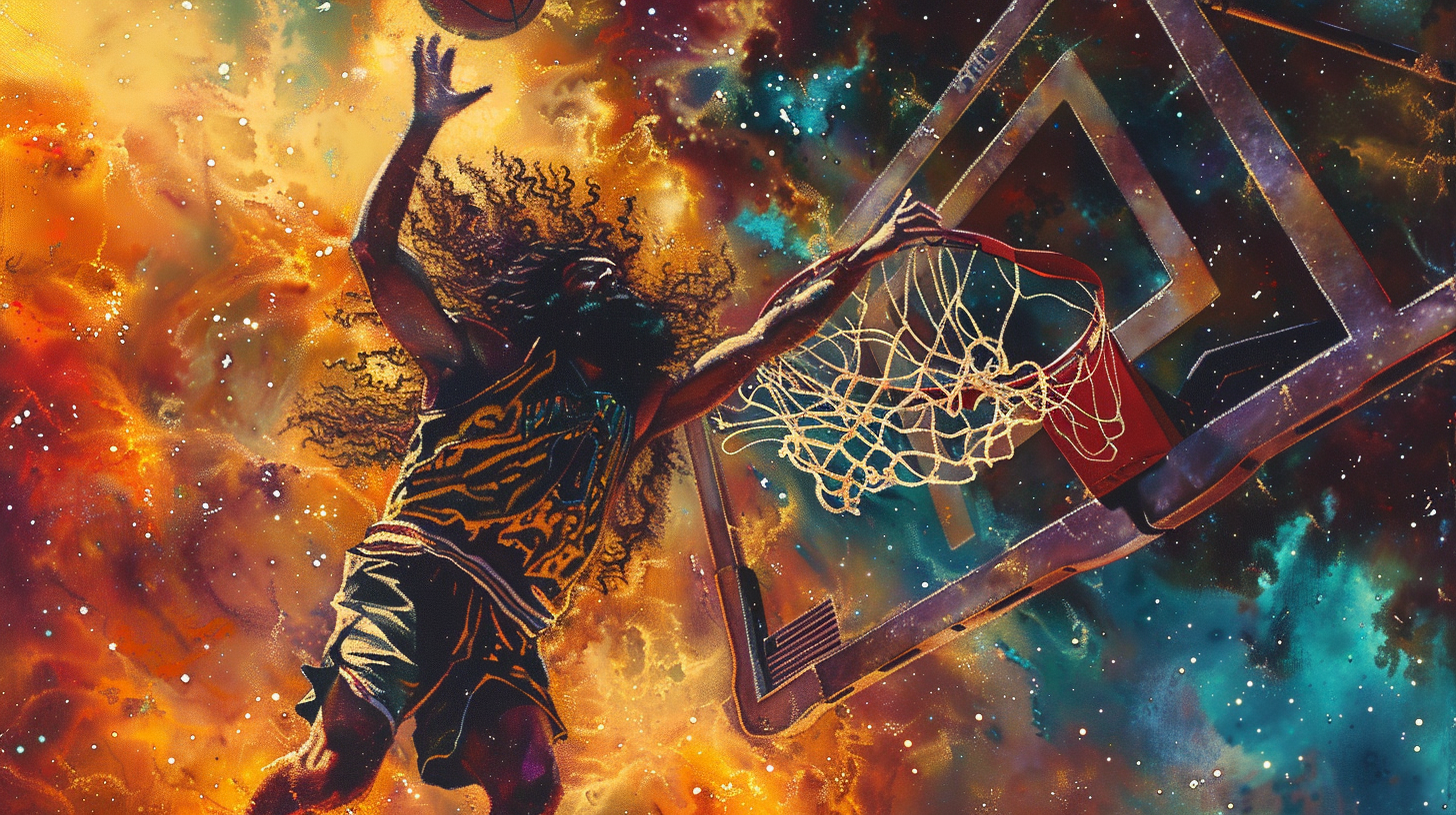 A basketball player with long hair dunking ball.