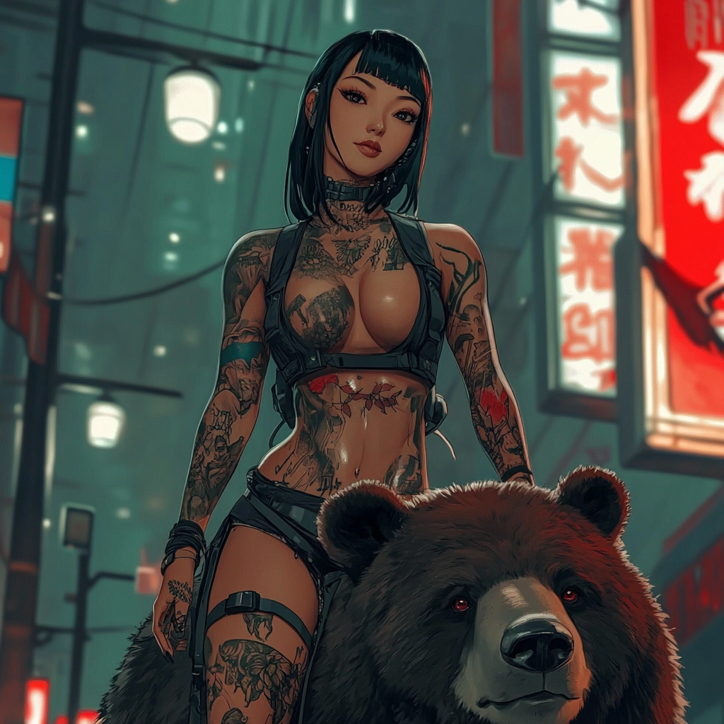 A beautiful Asian woman with tattoos rides bear