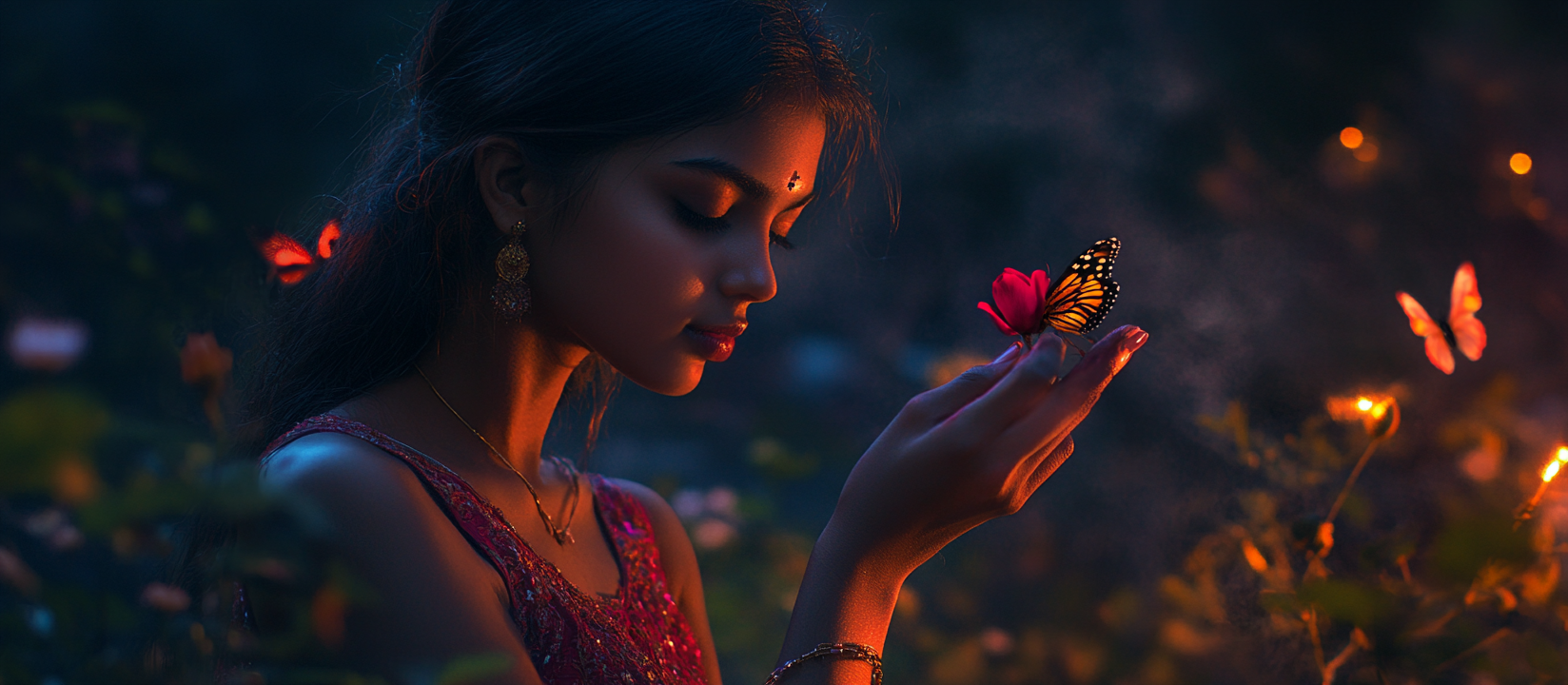 A beautiful Indian girl picking a rose at night.