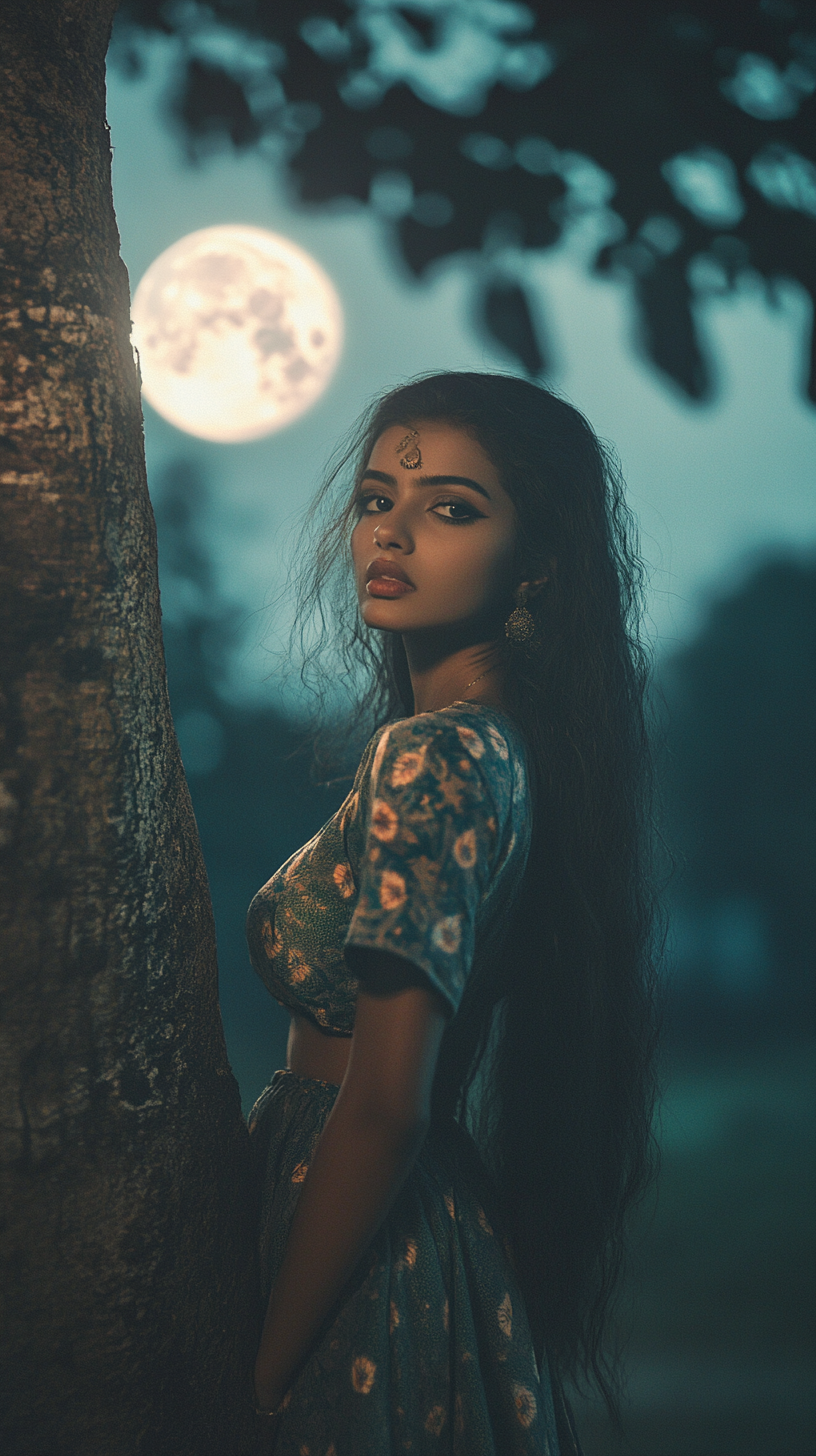 A beautiful Sri Lankan woman under moonlight