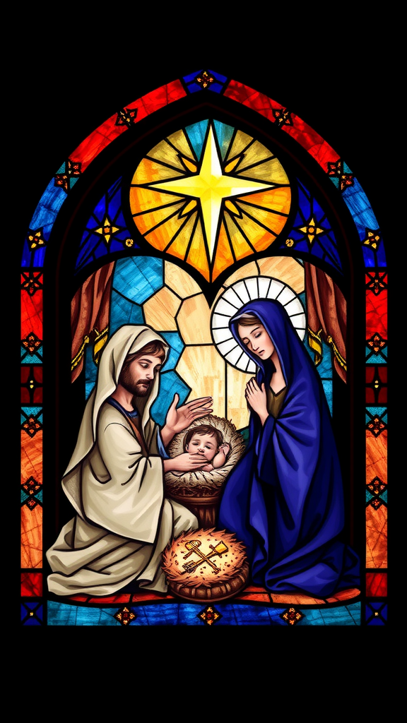 A beautiful Stained Glass nativity scene of Jesus.