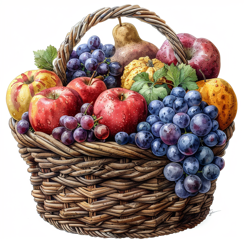 A beautiful basket of autumn fruits and vegetables.