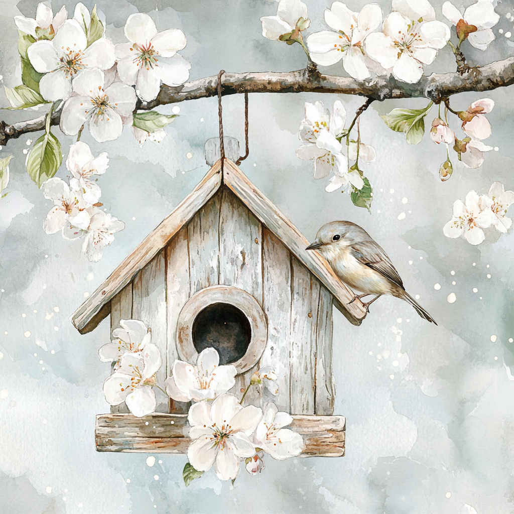 A beautiful birdhouse on blossoming tree branch illustration