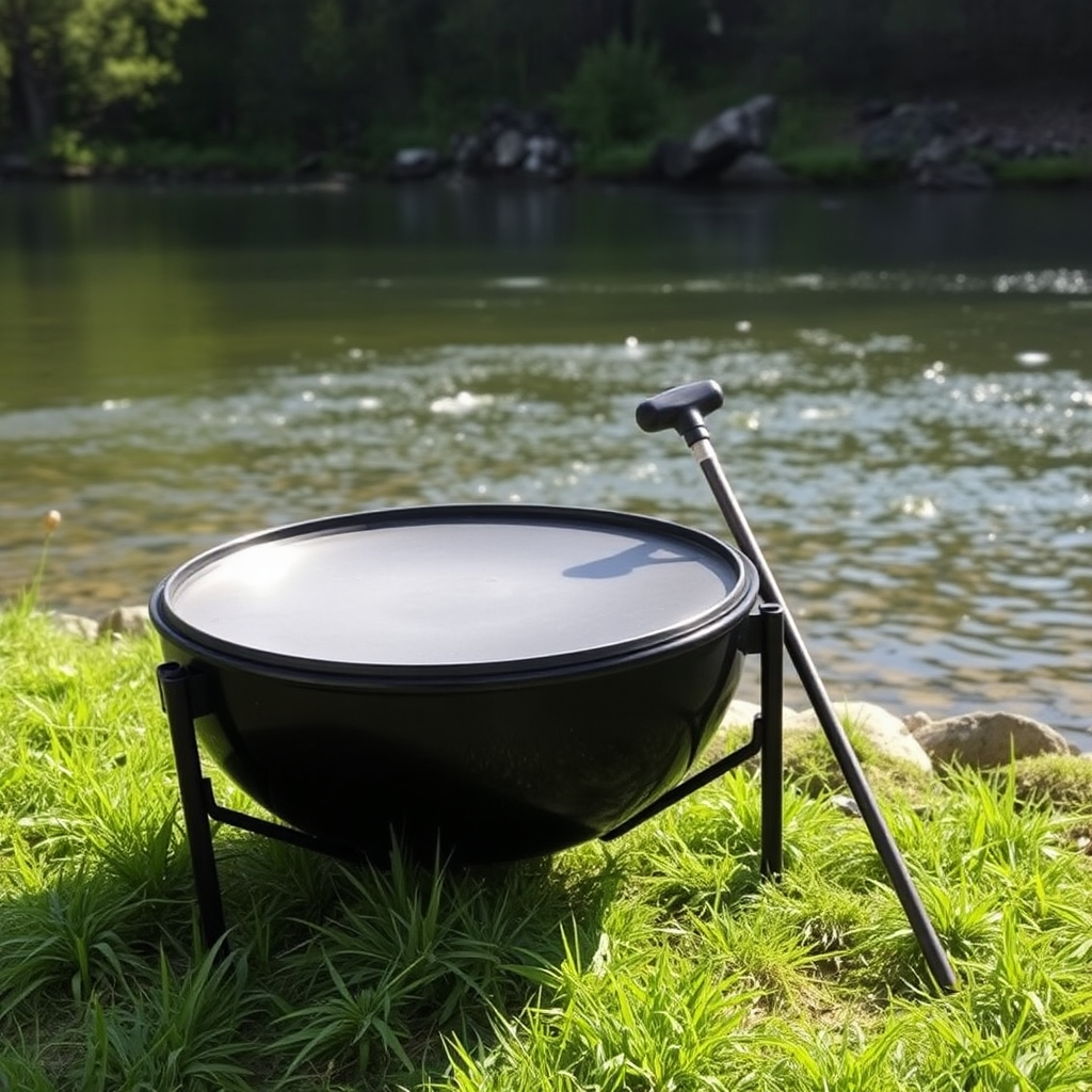 A beautiful black Handpan drum near clear river.